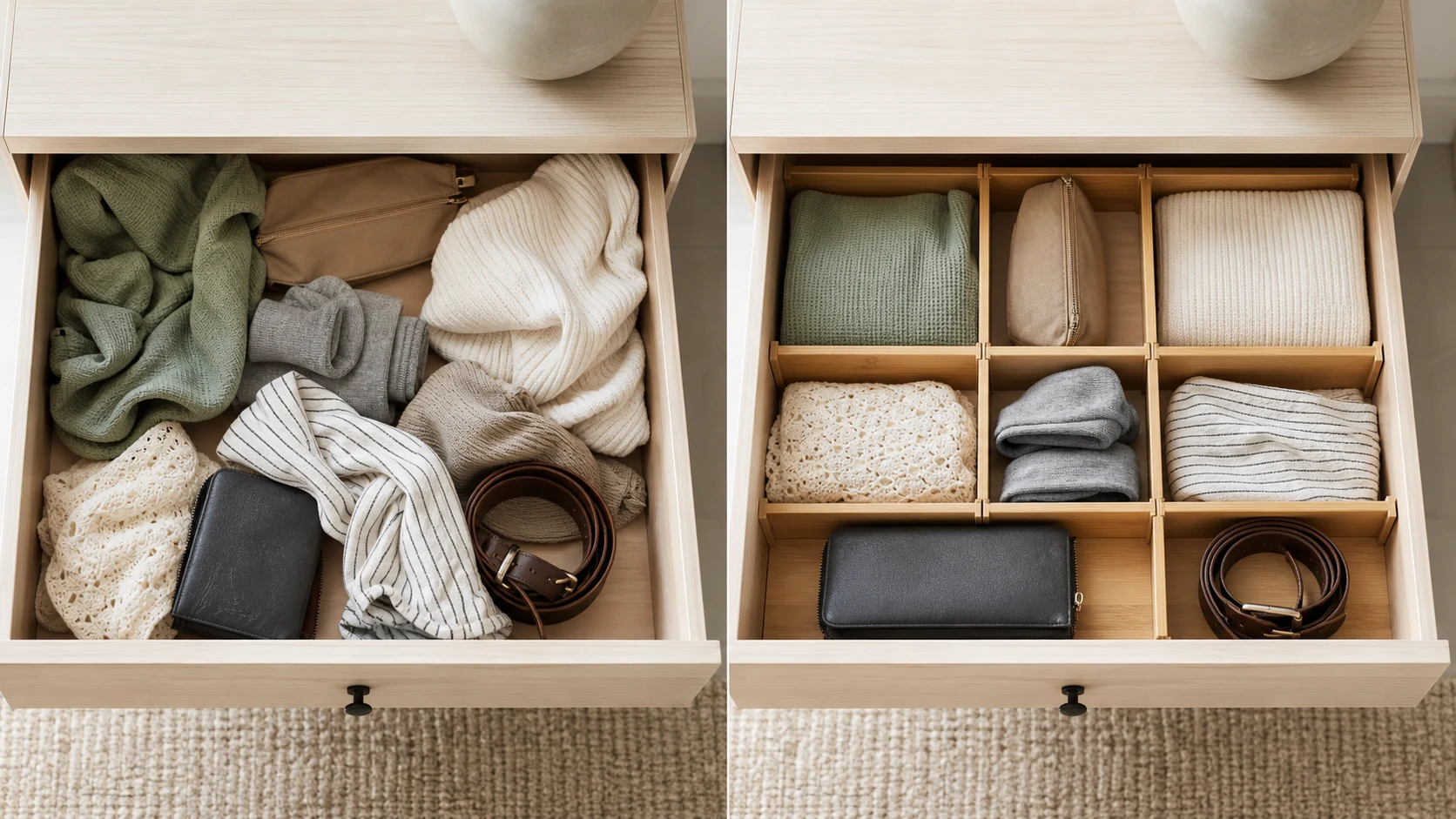 The same drawer before organization and after adding bamboo dividers