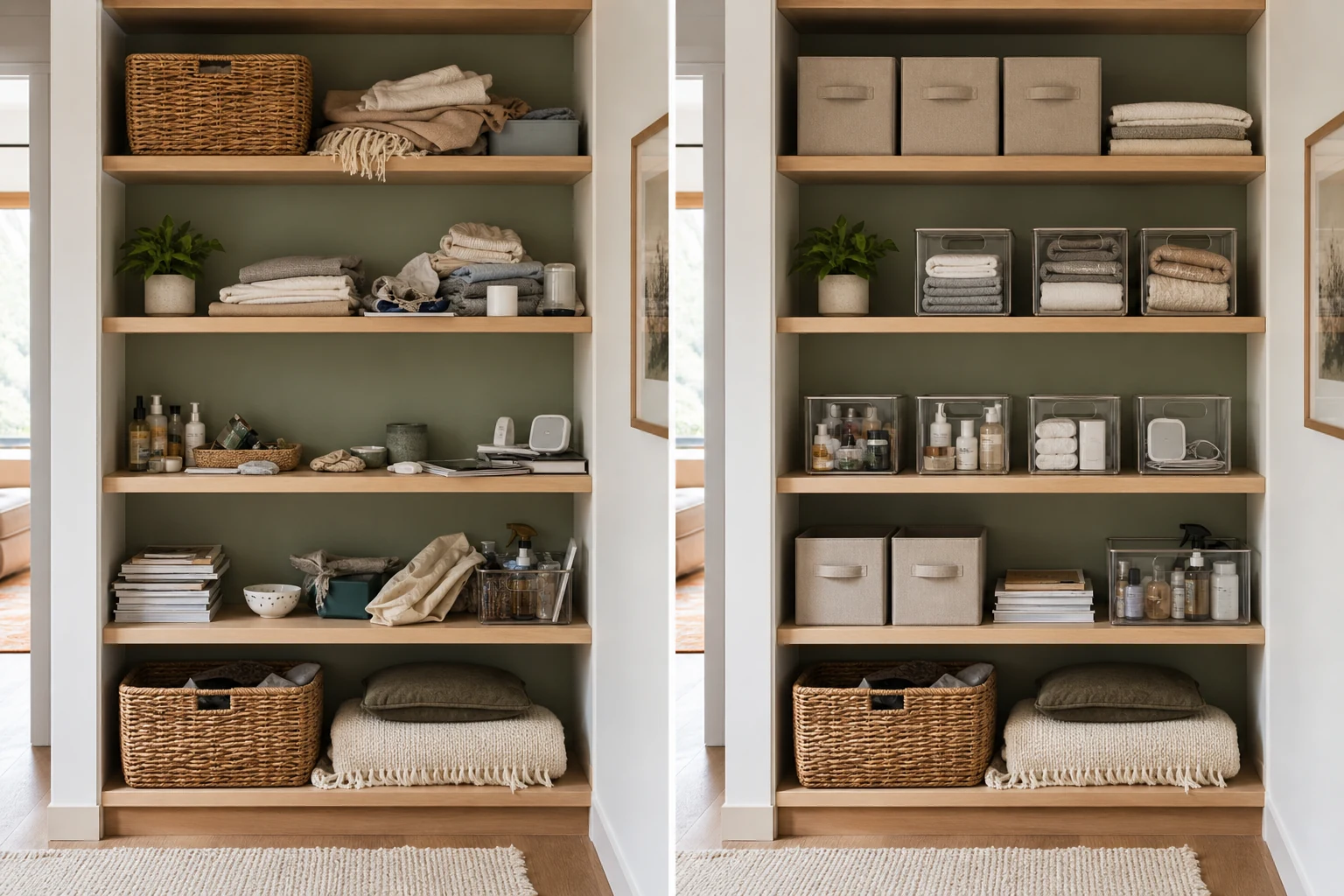 The same shelving before organization and after grouping items in bins