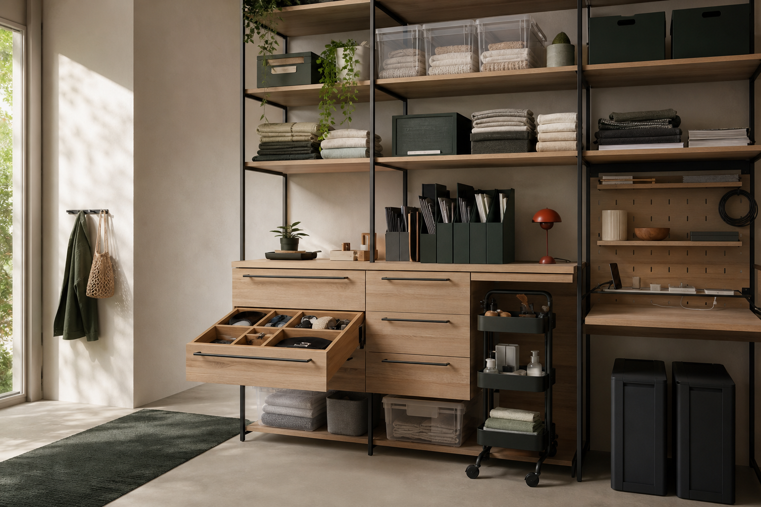 Organized storage wall with clear bins, drawers, shelves and utility cart